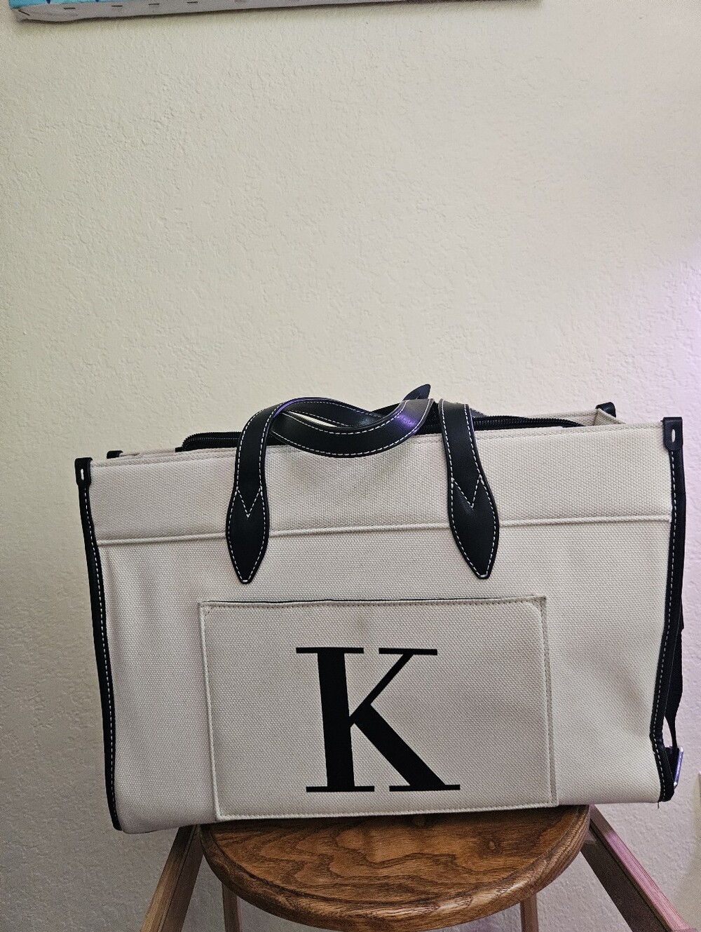 Top design Canvas Laptop Tote Bag in Cream with Black Trim
